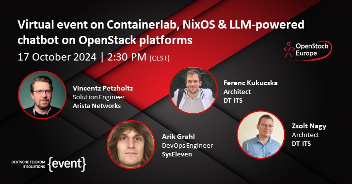 Virtual event on Containerlab, NixOS, and LLM-powered chatbot on OpenStack platforms